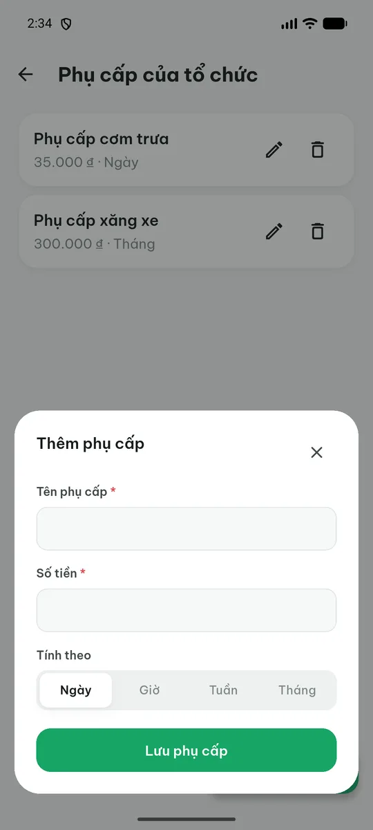 Hộp thoại Thêm phụ cấp với ô tên phụ cấp, ô số tiền và lựa chọn tính theo Ngày, Giờ, Tuần, Tháng.