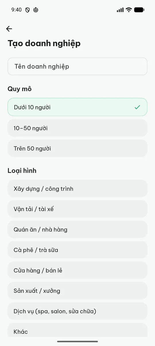 Màn Tạo doanh nghiệp trên ứng dụng với ô tên doanh nghiệp, lựa chọn quy mô và danh sách loại hình kinh doanh.