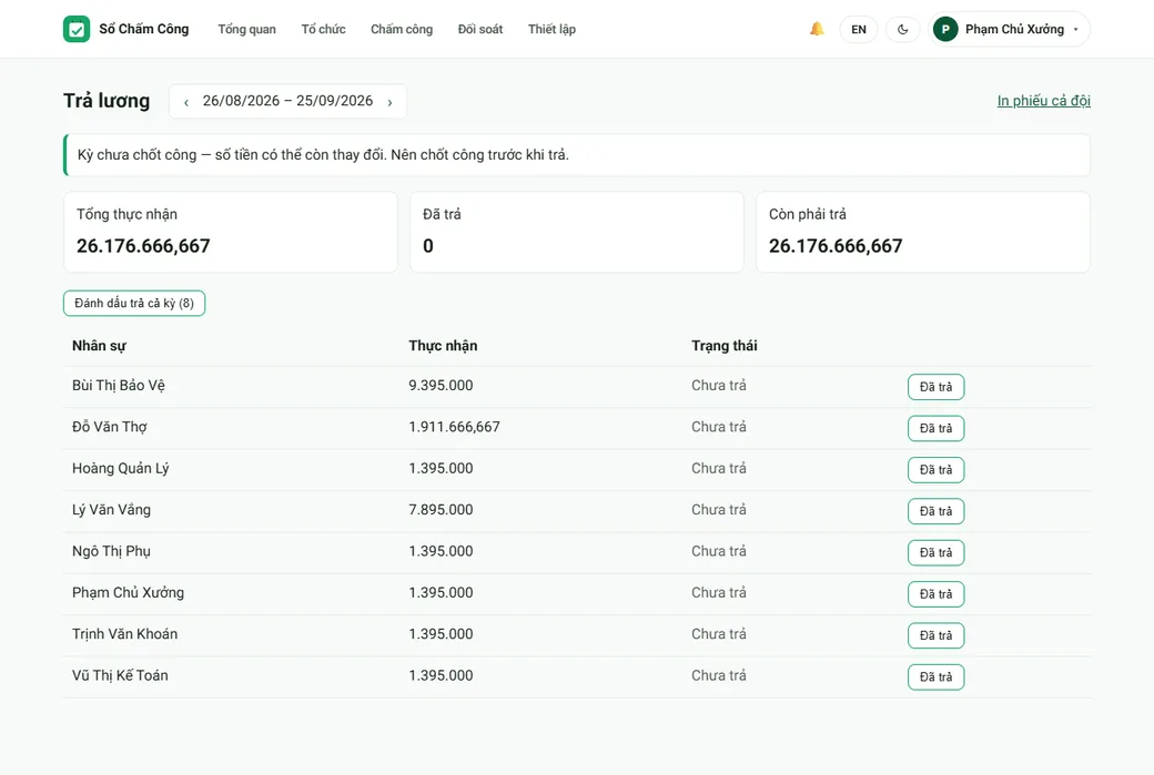 Trang Trả lương trên bản web: tổng thực nhận, đã trả, còn phải trả, và bảng từng nhân sự với nút đánh dấu đã trả.