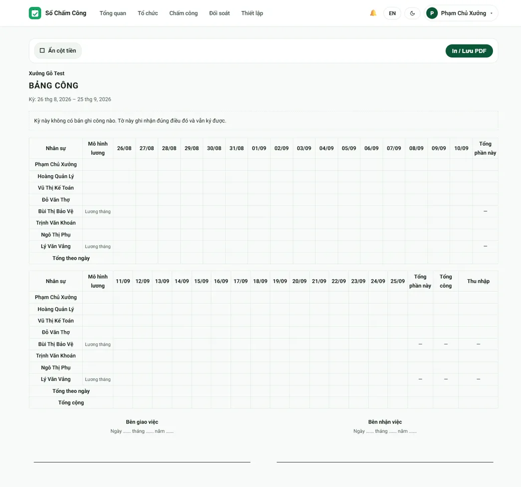 Bản in bảng công của cả đội trên bản web, có cột ký tên.