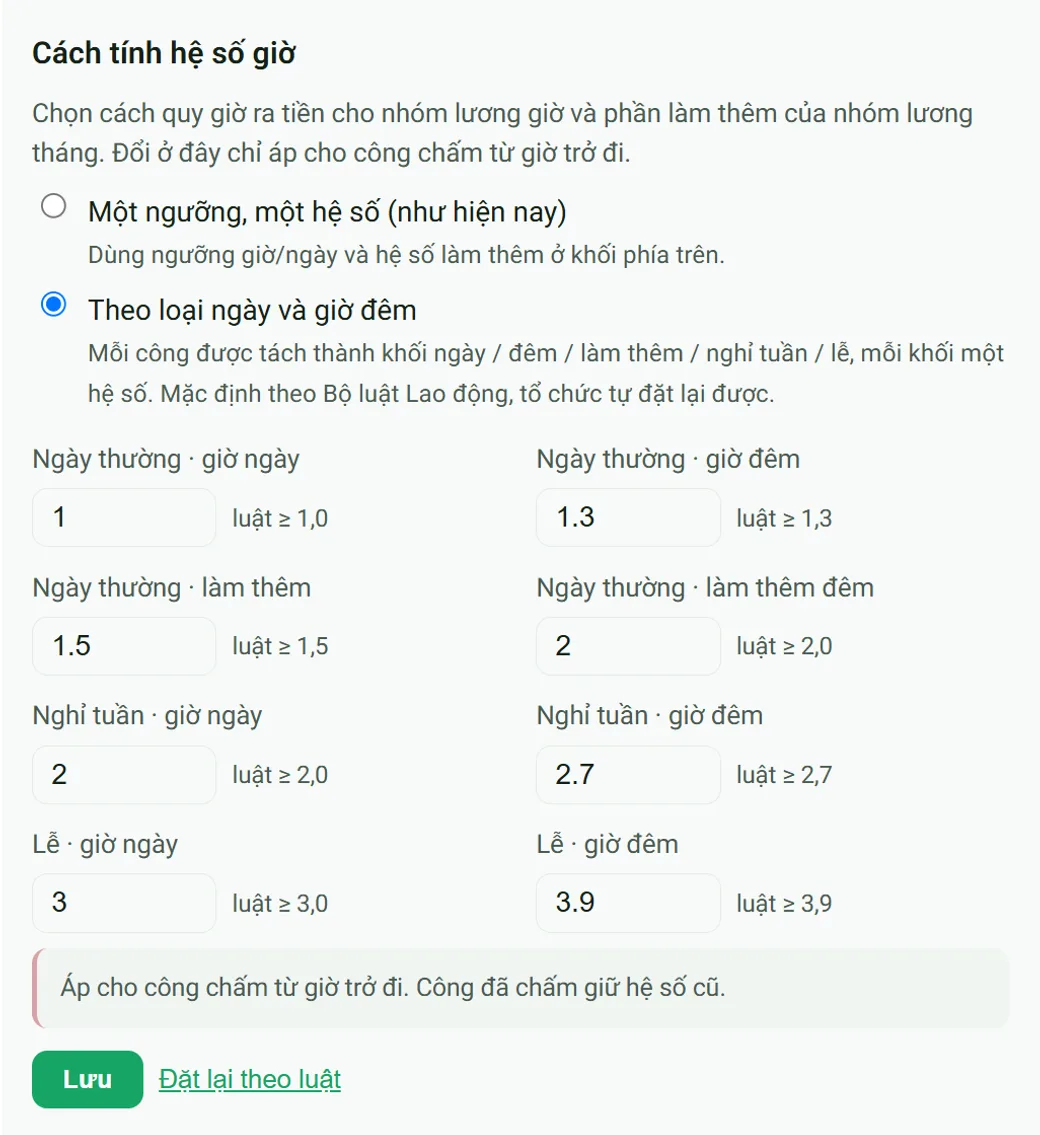 Khối Cách tính hệ số giờ trên trang Thiết lập của bản web: hai lựa chọn, bảng tám hệ số cho ngày thường, nghỉ tuần và lễ theo giờ ngày, giờ đêm và làm thêm, kèm nút Đặt lại theo luật.